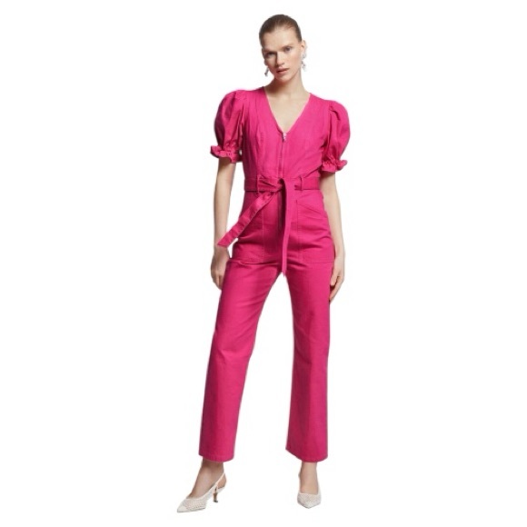 & Other Stories Pants - & Other Stories Belted Puff Sleeve Zip-Front Jumpsuit – Fuchsia Pink (Size 2)
